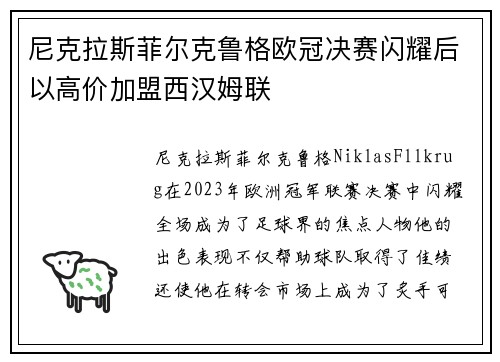 尼克拉斯菲尔克鲁格欧冠决赛闪耀后以高价加盟西汉姆联 尼克拉斯菲尔克鲁格欧冠决赛闪耀后以高价加盟西汉姆联